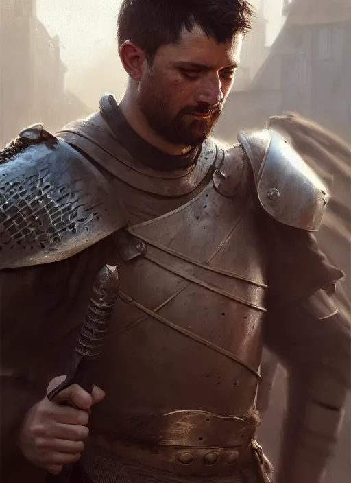 Prompt: medium close up of male medieval warrior walking with weapon on shoulder, brown hair, dirty face, realistic cinematic lighting, photorealistic, reflections, glistening, sweat, greg rutkowski, wlop, ruan jia, artgerm, craig mullins, pixiv, artstation, octane renderer