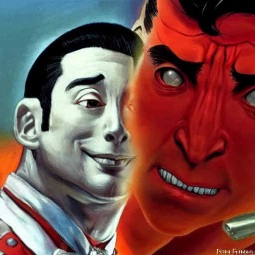 Image similar to ultra realistic pee wee herman as ryu from street fighter, painting by frank frazetta, 4 k, ultra realistic, highly detailed,