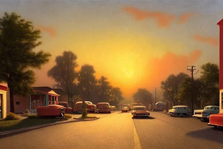 Image similar to a detailed cinematic render of a utopian 1 9 5 0 s american neighborhood at sunset by steven outram, photoreal