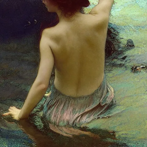 Prompt: girl in a long dress swimming underwater, caustics, painting by Jeremy Lipkings John William Waterhouse Ayami Kojima Amano Alphonse Mucha Charlie Bowater