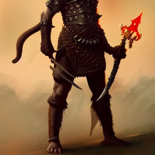 Image similar to ( ( ( full length portrait of tabby tabaxi warrior, halberd, breastplate ) ) ), d & d, tyler jacobson, greg rutkowski, frank frazetta, alexandre chaudret, boris vallejo, michael whelan, miro petrov, magali villeneuve, donato giancola