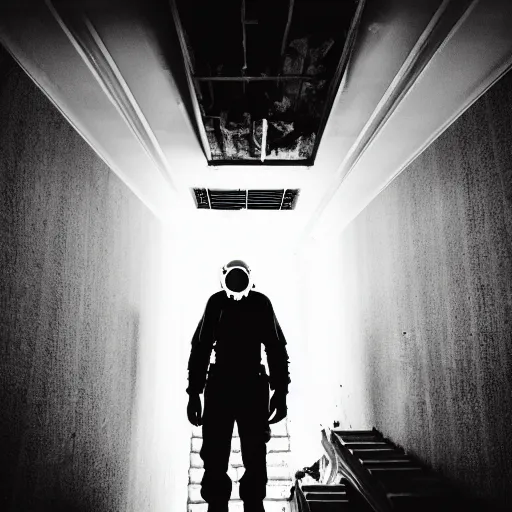 Prompt: A misterious man wearing a gas mask is standing on the midle of a stair hallway looking in the direction of the camera, the man is using a turned on flashlight to look for survivors :: Ruined city with vegetation growing from the distroyed buildings :: apocalyptic, shadowy, disolate :: A long shot, low angle, dramatic backlighting, simetric photography, night time, slighty colorful with blue, green and orange :: cinematic shot, very detailed