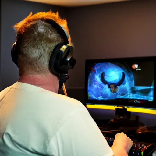 Prompt: obese Allan Moore wearing a headset yelling at his monitor while playing WoW highly detailed wide angle lens 10:9 aspect ration award winning photography by David Lynch esoteric erasure head