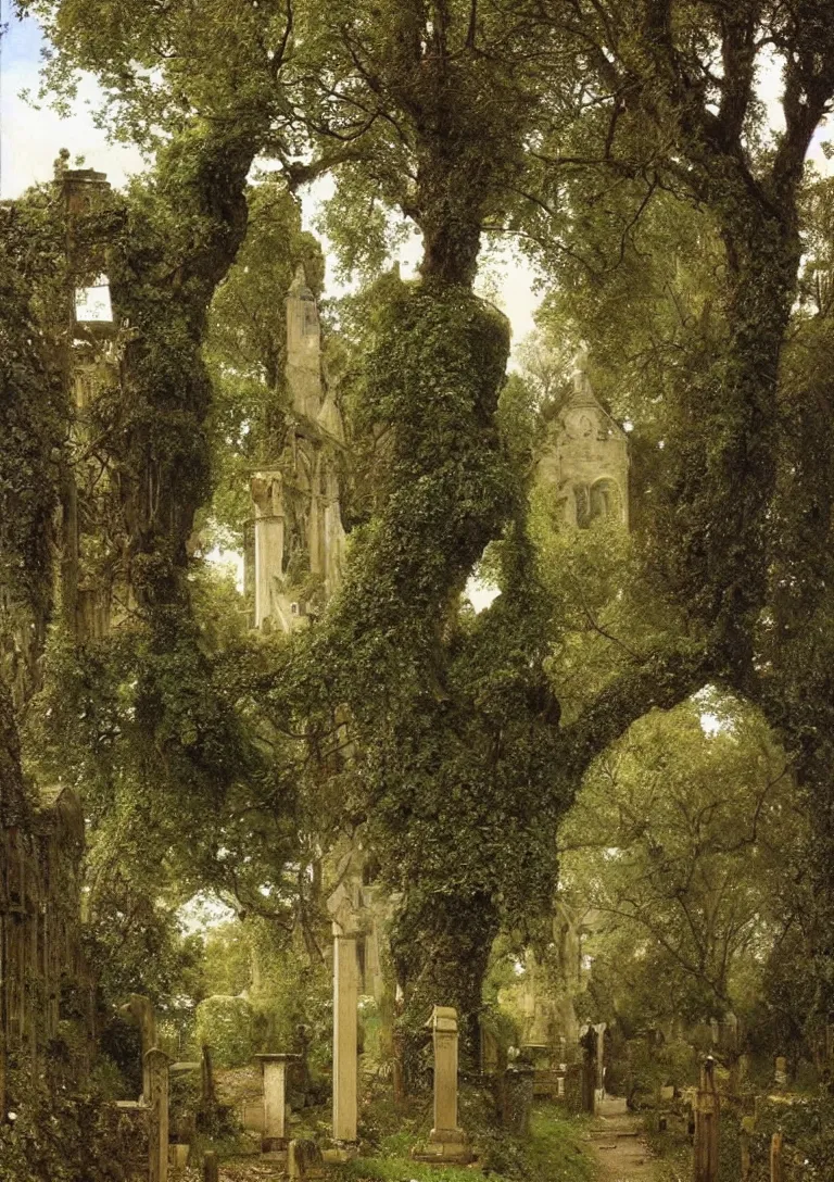 Prompt: a giant knight in rusty armour walks through a cemetery on a path by a church in manchester england, overgrown, weeds and ivy on the graves, an old twisted tree, a tall stone wall, lawrence alma-tadema