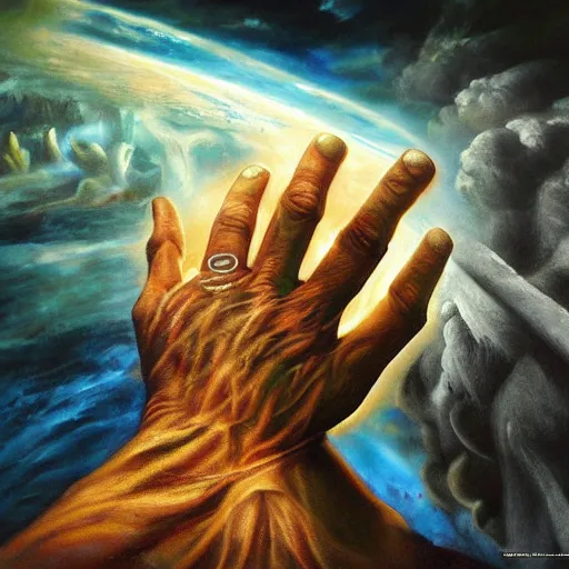 Prompt: the hand of god destroying all evil, artstation hall of fame gallery, editors choice, #1 digital painting of all time, most beautiful image ever created, emotionally evocative, greatest art ever made, lifetime achievement magnum opus masterpiece, the most amazing breathtaking image with the deepest message ever painted, a thing of beauty beyond imagination or words