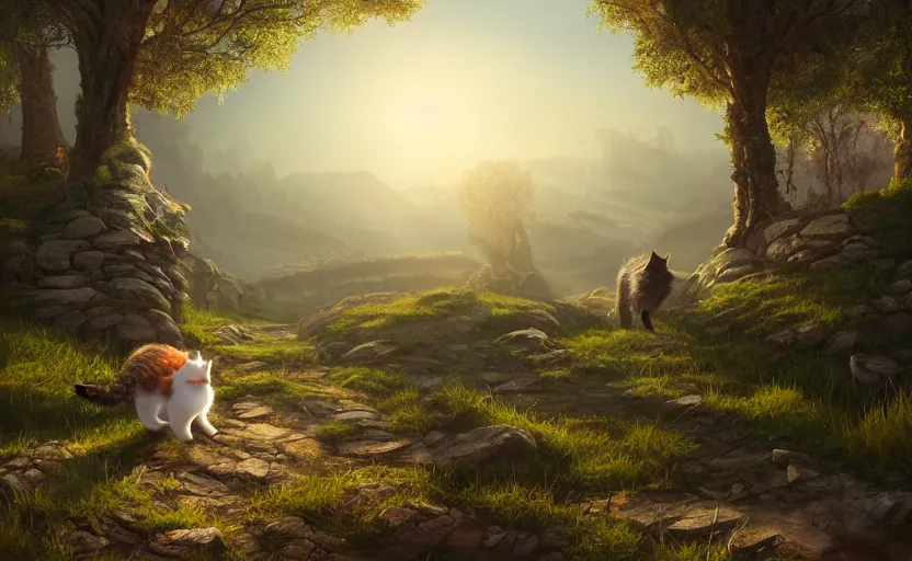 Prompt: a cat wearing a small satchel on an epic quest strolling through the landscape. painting, fantasy, fur shader, dramatic lighting, dawn, 8 k, sharp focus, global illumination, paid artwork, portfolio, detailed and intricate environment