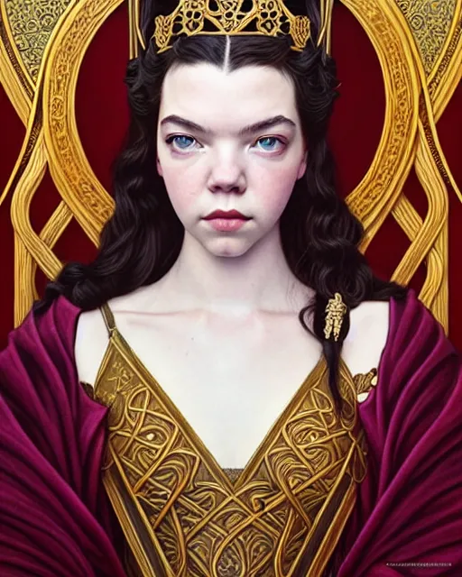 Image similar to twenty year old anya taylor - joy ( queen's gambit ) as a chess queen, art nouveau, fantasy, intricate, elegant, highly detailed, sharp focus, art by artgerm and greg rutkowski and wlop