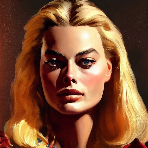 Image similar to ultra realistic portrait painting of margot robbie in an old western, art by frank frazetta, 4 k, ultra realistic, highly detailed, epic lighting.