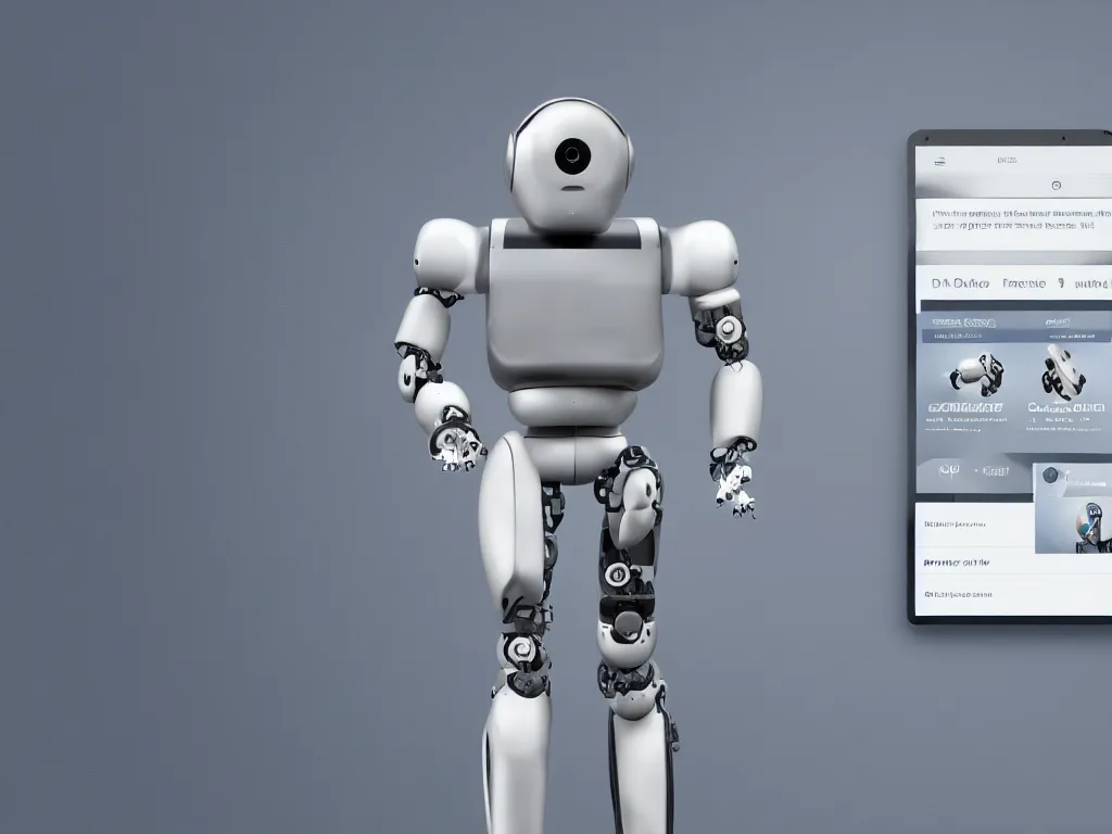 Prompt: simple robot using design software UI on a screen, photorealistic