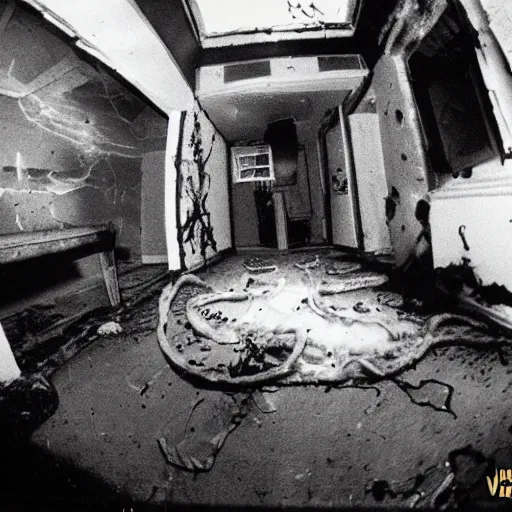 Image similar to 1 9 9 3, disposable camera, flash, old house, creature, meat, ooze, slime, veins, pov