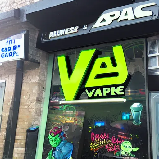 Prompt: yoda themed vape and bong shop exterior