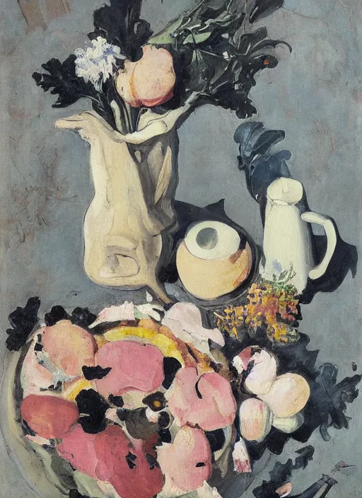 Image similar to a surreal painting of a breakfast still life, flowers, by George Baselitz, symbolist, soft colors, dramatic lighting, smooth, sharp focus, extremely detailed, aesthetically pleasing composition