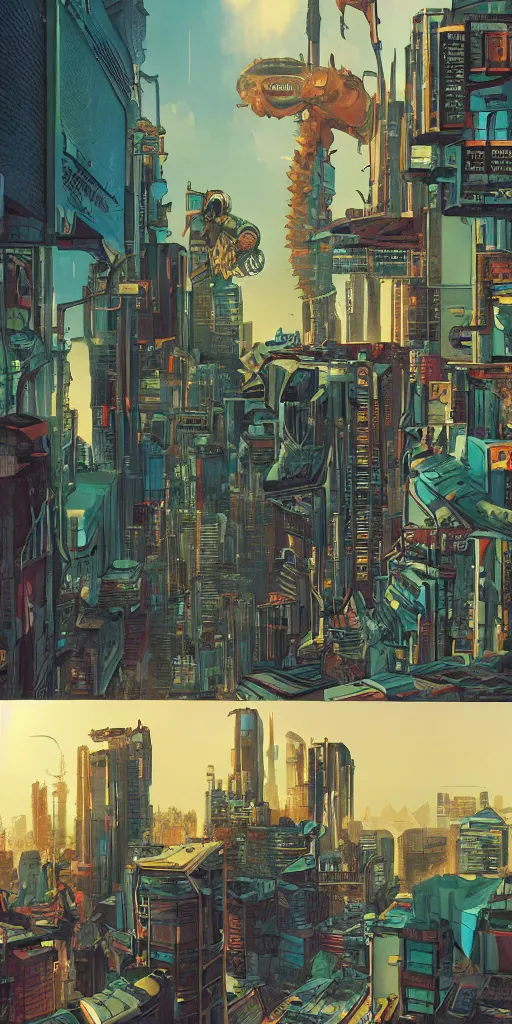 Image similar to full page comic book drawings of cyberpunk apocalyptic office scenes, bold color palette, high contrast, by carel willink and jean giraud, comic book panels, octane render, beserk anime