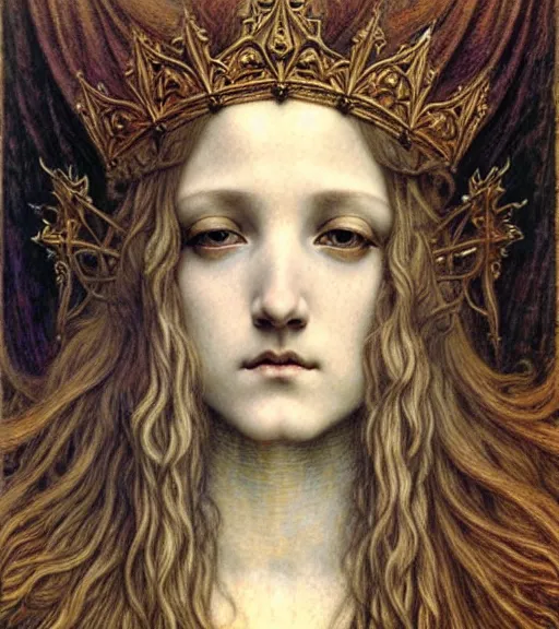 Image similar to detailed realistic beautiful young medieval queen face portrait by jean delville, gustave dore and marco mazzoni, art nouveau, symbolist, visionary, gothic, pre - raphaelite. horizontal symmetry