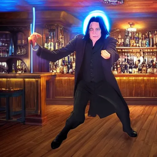 Image similar to Severus Snape dances in a bar, neon, realistic, full body, very detailed, super realistic