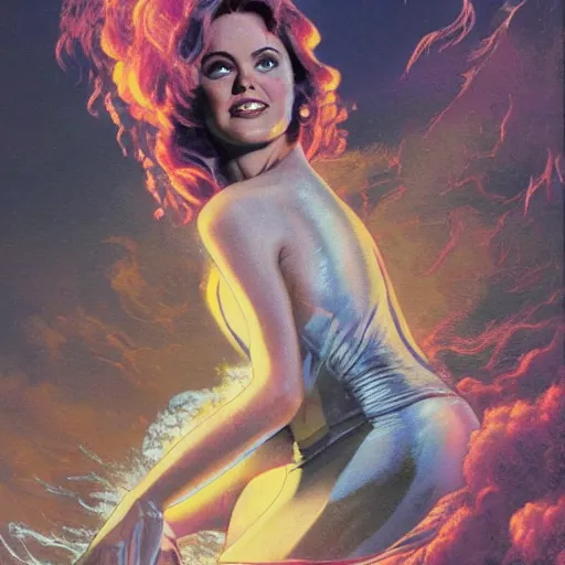 Prompt: a 1 9 7 0's arthouse film by geoff johns and joe jusko and thomas kinkade, a woman wrapped in a cloud of colorful smoke, walking across a reflective pool of silver liquid at sunset