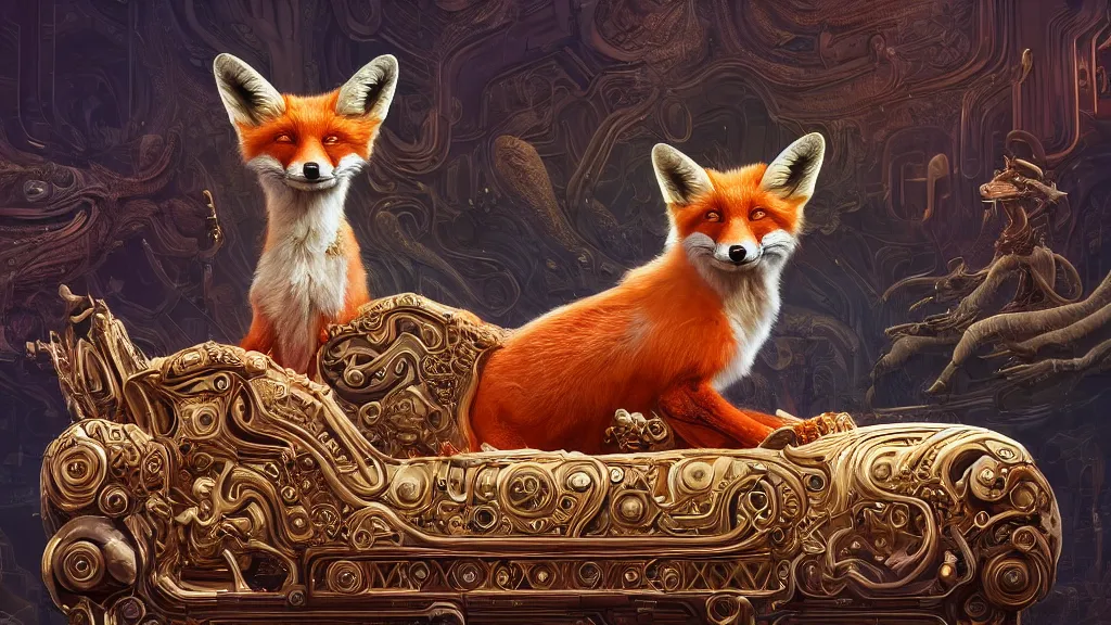 Prompt: a hyperrealistic photographical cream cyborg fox sitting on an ornate alien couch, symmetrical, intricate, detailed, volumetric lighting, sharp focus, photorealism, digital painting, highly detailed, concept art, by roger dean and beth cavener and simon stalenhag and mark brooks