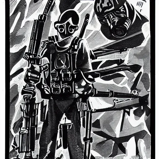 Image similar to concept art of a man with a gas mask and a hunting rifle, by steve ditko, insanely detailed