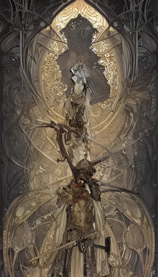 Image similar to soldiers in silver armor, highly detailed, very intricate, art nouveau, gold filigree, left right symmetry, tarot concept art watercolor illustration by mandy jurgens and alphonse mucha and alena aenami, featured on artstation