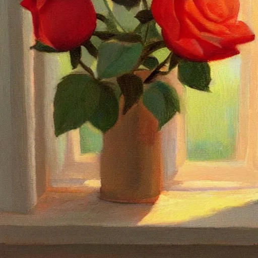 Prompt: The rose is placed in a vase on a windowsill. The light from the window casts a warm, golden glow on the petals of the rose, making them appear illuminated. The colors in the painting are soft and muted, giving the overall impression of a tranquil scene. Trending on artstation, in the style of famous painter.