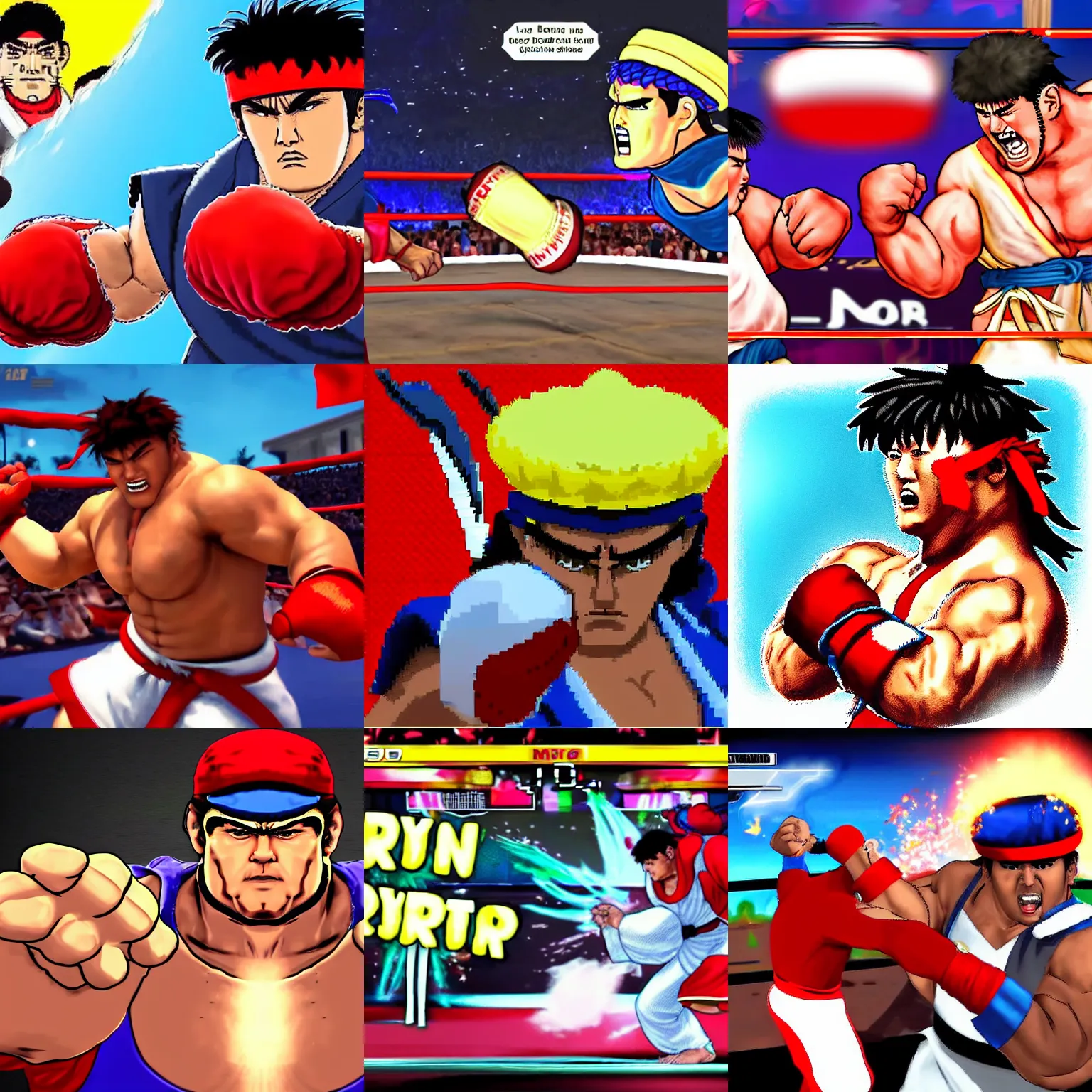 Prompt: Ryu with a sombrero beating donald trump if street fighter V style