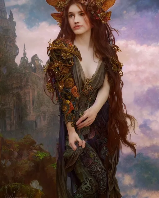 Prompt: a beautiful intricate exquisite imaginative exciting northern classical close up portrait of faery of fire sitting with elegant looks, dark flowing robe, ornate magical intricate and fiery by ruan jia, tom bagshaw, alphonse mucha, krenz cushart, beautiful palace ruins in the background, epic sky, vray render, artstation, deviantart, pinterest, 5 0 0 px models