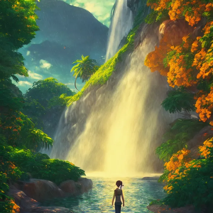 Image similar to an epic makoto shinkai and renoir landscape with a hawaiian waterfall, golden hour, 🌺, ultra smooth, octane render, lois van baarle, ilya kuvshinov, unreal engine, blender, trending on artstation, suntur, caleb worcester, highly detailed, photorealism, bloom effect