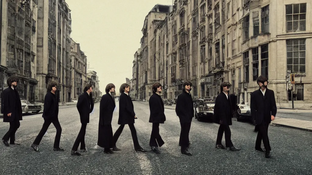 Prompt: the apostles as the beatles on an album cover, film still from the movie directed by Denis Villeneuve with art direction by Salvador Dalí, wide lens