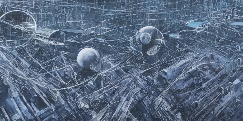 Prompt: Aerial shot of a Soviet era science fiction set painted by James Jean, cinematography by Yo-Yo Ma, composition by Fritz Lang