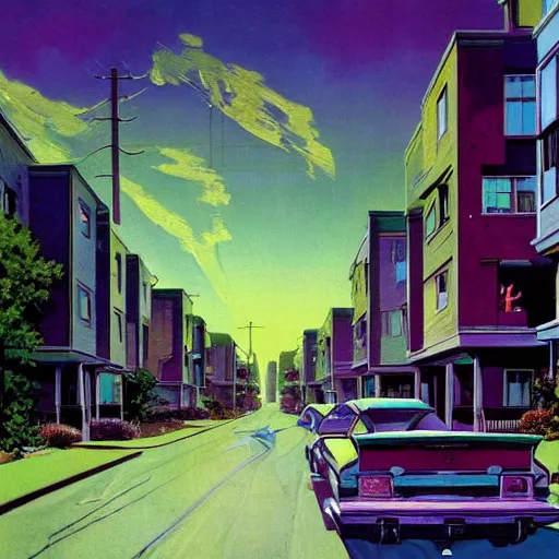 Prompt: a suburban neighborhood with deep green and purple glowing clouds. highly detailed science fiction painting by norman rockwell, frank frazetta, and syd mead. rich colors, high contrast, gloomy atmosphere, dark background. trending on artstation.