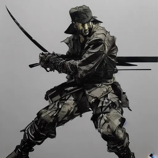 Prompt: splitting a bullet with a sword, samurai vs swat team hyperrealism yoji shinkawa