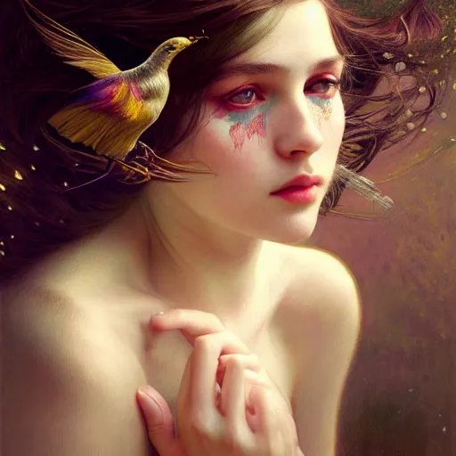 Prompt: portrait of a girl with feathers on her face, face, fantasy, intricate, elegant, dramatic lighting, highly detailed, lifelike, photorealistic, digital painting, artstation, concept art, smooth, sharp focus, illustration, art by John Collier and Krenz Cushart and Artem Demura and Alphonse Mucha and and Albert Aublet