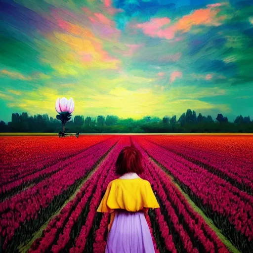 Image similar to large tulip in front of face, girl standing in a flower field, surreal photography, sunrise dramatic light, impressionist painting, colorful clouds, digital painting, artstation, simon stalenhag, flower face