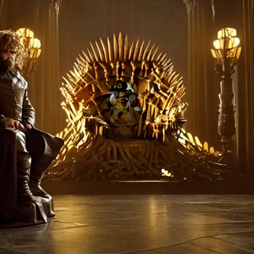 Prompt: cinematic shot of Tyrion Lannister sitting on the Iron Throne with a golden dragon sitting beside him