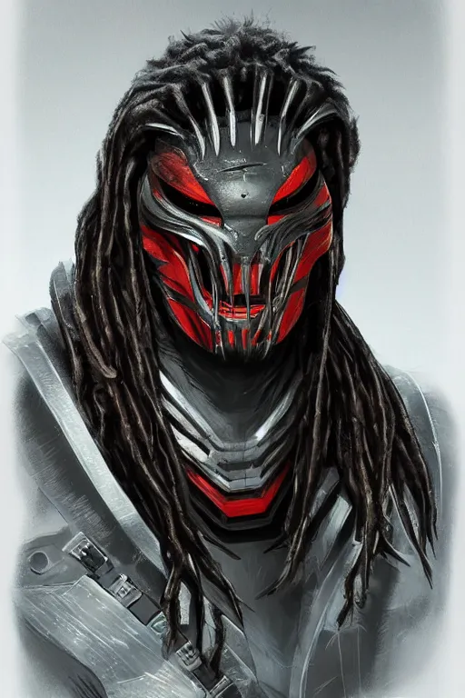 Image similar to predator 1 9 8 7 masked face redesign, portrait, highly detailed, black smooth dreads, mandables, digital painting, trending on artstation, concept art, illustration