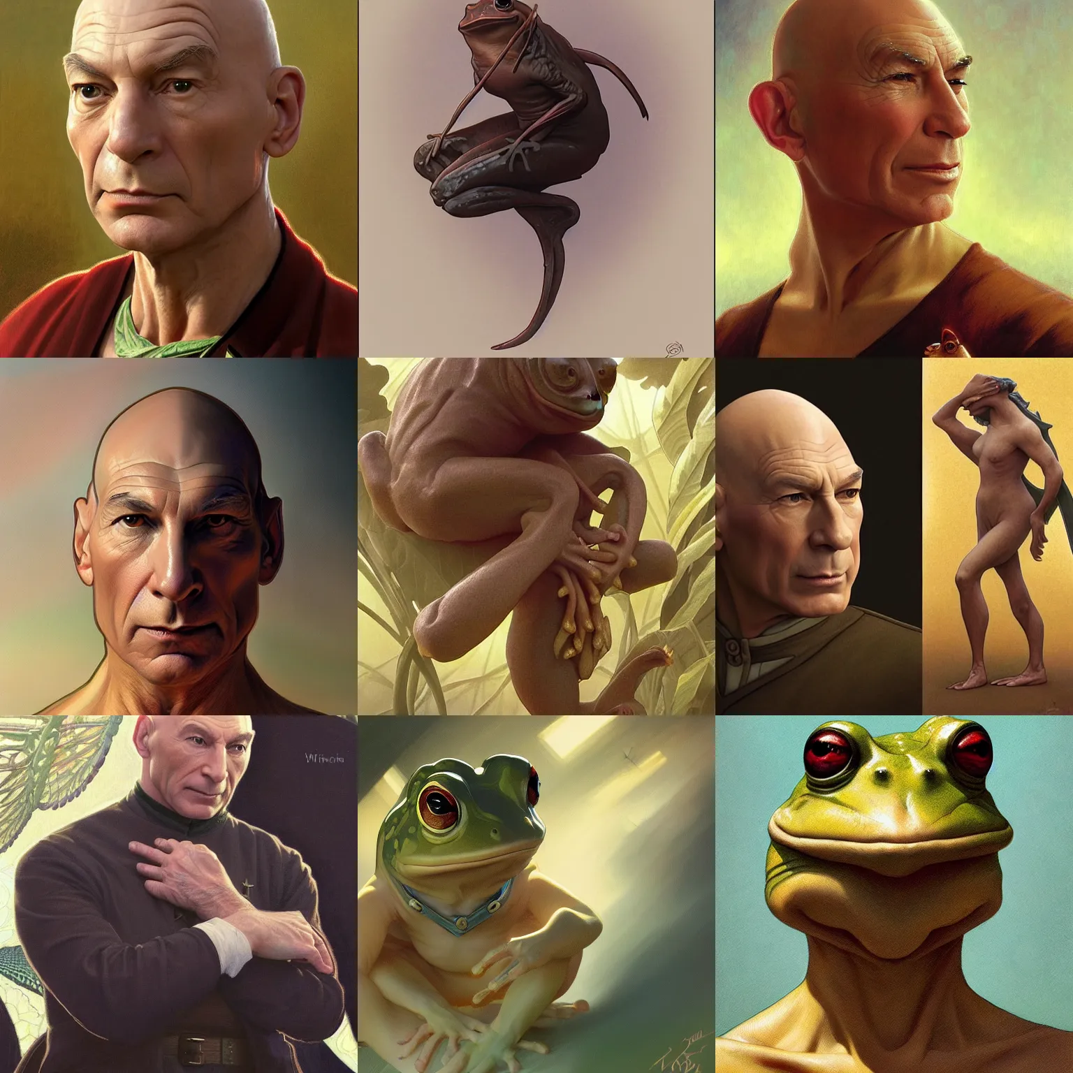 Prompt: jean luc picard as a frog, intricate, elegant, highly detailed, digital painting, artstation, concept art, smooth, sharp focus, illustration, art by artgerm and greg rutkowski and alphonse mucha and william - adolphe bouguereau