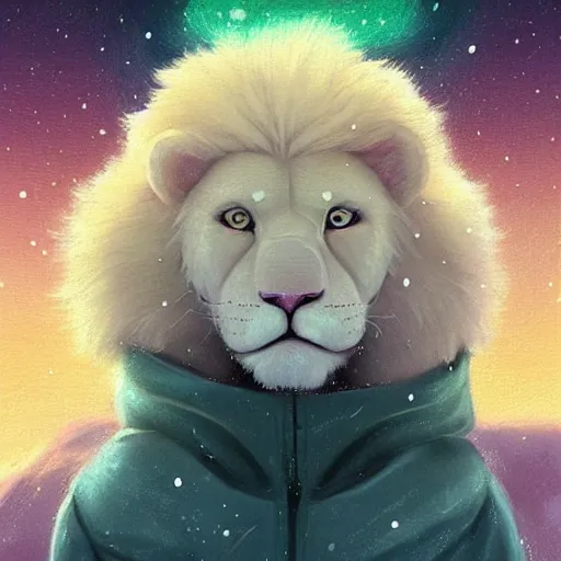 Image similar to aesthetic portrait commission of a albino male furry anthro lion in the north pole with the northern lights visible in the sky and the background while wearing a cute green jacket cozy soft pastel winter outfit, sleet rain, winter atmosphere. character design by charlie bowater, ross tran, artgerm, and makoto shinkai, detailed, inked, 2 0 2 1 award winning painting