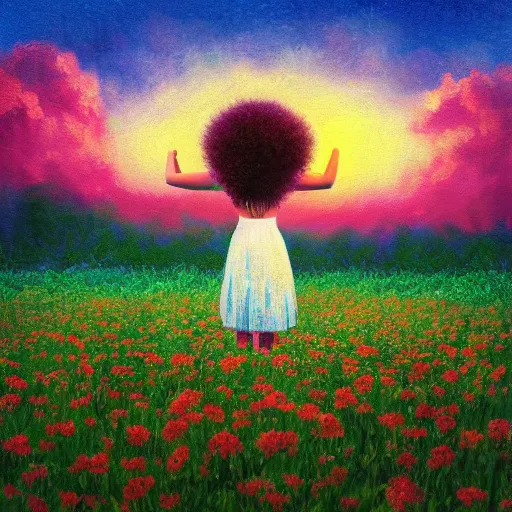 Image similar to big flower afro, full body, girl standing in the middle of a field with flowers, surreal photography, hills, sunrise dramatic light, impressionist painting, colorful clouds, digital painting, pointillism, artstation, simon stalenhag