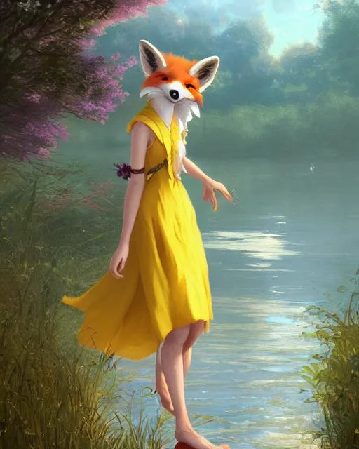 Image similar to an anthropomorphic fox girl wearing a simple yellow sundress, she has purple hair and two pointed black ears, beautiful lake background, illustration by greg rutkowski, thomas kindkade, loish, artstation, furaffinity, deviantart