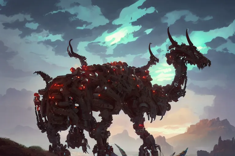 Image similar to grimhorn fanghorn machine mecha animal beast robot of horizon forbidden west horizon zero dawn bioluminiscence, behance hd by jesper ejsing, by rhads, makoto shinkai and lois van baarle, ilya kuvshinov, rossdraws global illumination