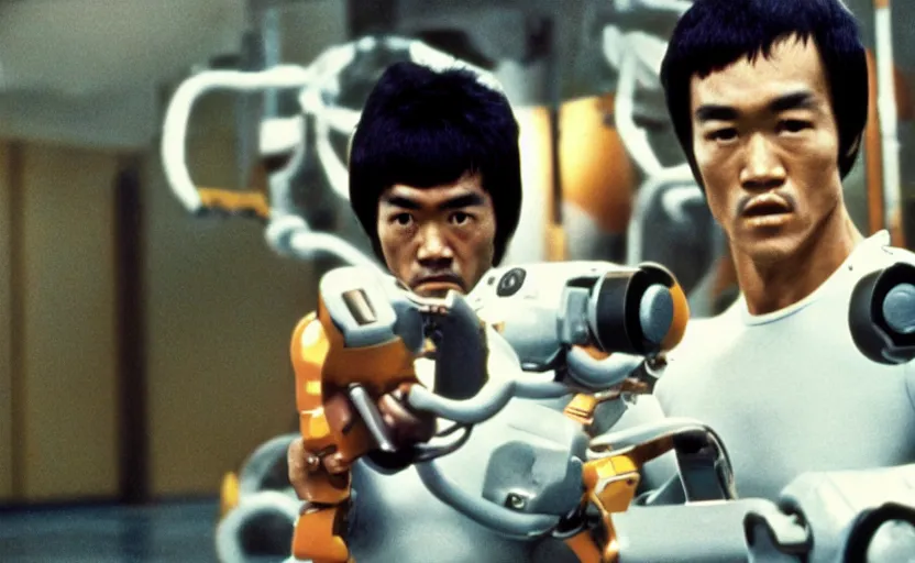 Prompt: 7 0 s movie still of bruce lee with mechanical robotic arms, kodachrome, cinecolor, cinestill, highly detailed, photorealistic, cinematic, film grain,