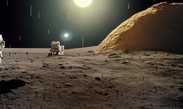 Image similar to astronauts standing on a hill on the moon dramatic harsh lighting lander in the far distance Doug Chiang Marc Gabbana earth in the far distance Anamorphic Cinematic Volumetric Lighting Epic Composition