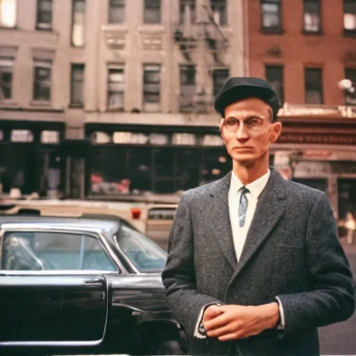 Prompt: analog medium format street photography portrait of an elegant man in new york, 1 9 6 0 s, ultra - detailed! lifelike! portrait featured on unsplash, photographed on colour expired film