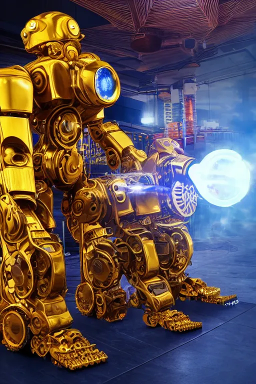 Image similar to portrait photo of a giant huge golden and blue metal humanoid steampunk robot cleaner robot, with gears and tubes, on the floor are mop and bucket, eyes are glowing red lightbulbs, shiny crisp finish, 3 d render, 8 k, insaneley detailed, fluorescent colors, background is multicolored lasershow