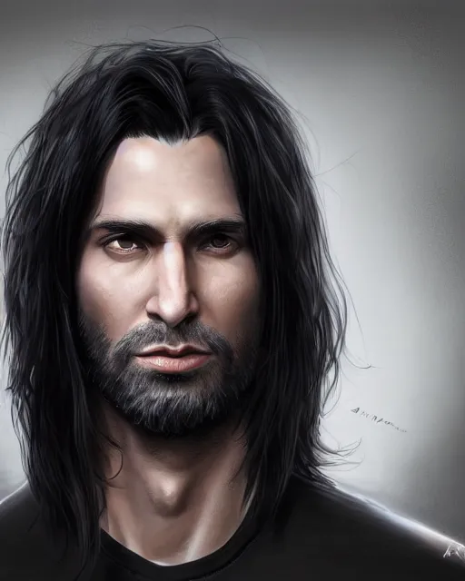 Prompt: portrait of tall, 3 3 - year - old handsome man with long dirty black hair, and grey eyes, wearing black clothes, clear face, hyper realistic face, beautiful eyes, character art, art by mark brooks, hyperdetailed, cryengine, trending on artstation, digital art