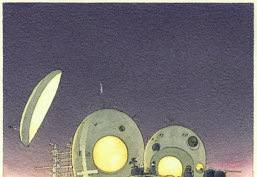 Image similar to a simple studio ghibli watercolor fantasy concept art of a dark grey boxy ufo at night. by studio ghibli, rebecca guay, michael kaluta, charles vess