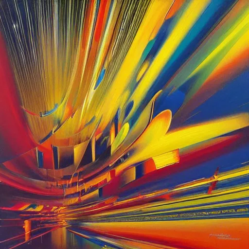 Image similar to abstract art representing momentum, oil painting by john berkey and gabriel dawe, masterwork