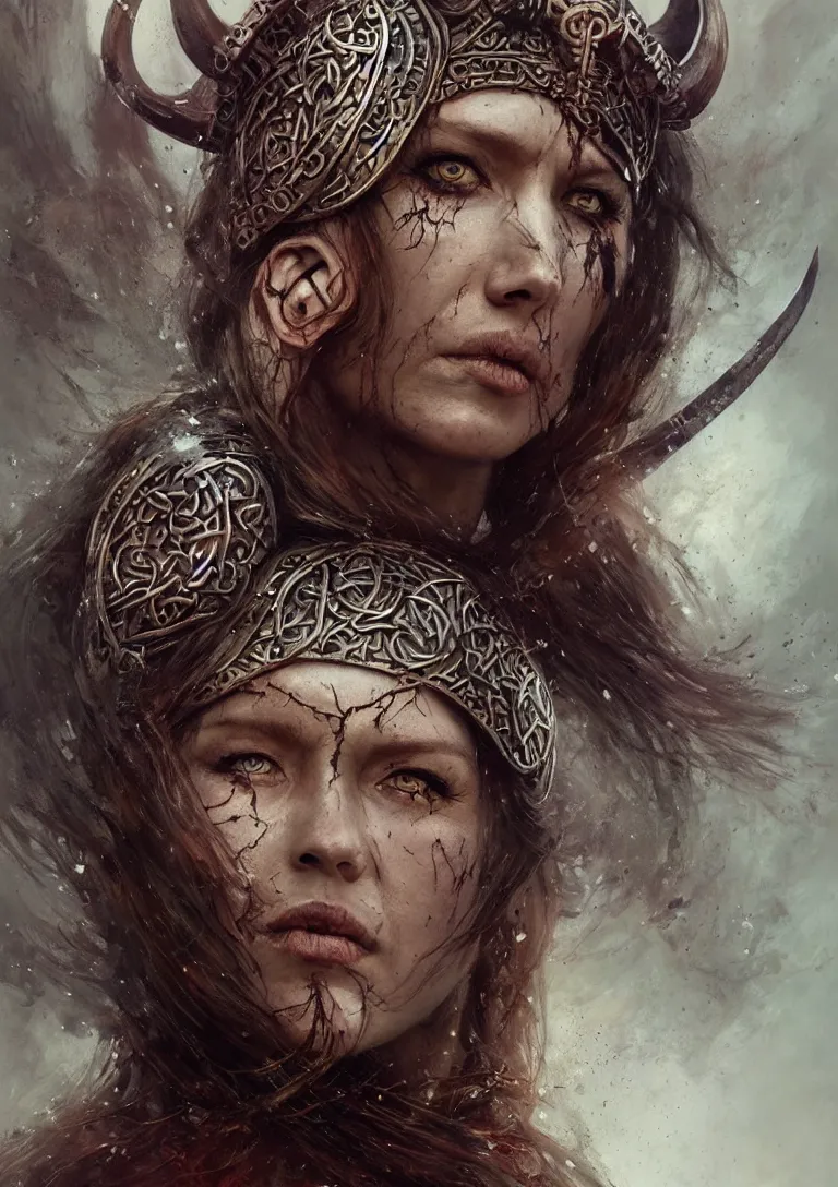 Image similar to Official photo of a majestic fierce viking woman, leader, fear, scarred, highly detailed, viking attire, cinematic, 8k, 1080s, by Stanley Artgermm, Tom Bagshaw, Greg Rutkowski, Vincent di Fate, Carne Griffiths, Ayami Kojima, trending on DeviantArt, hyper detailed, full of color, digital art,