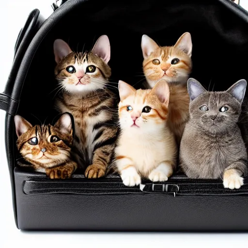 Image similar to a highly detailed photo of multiple furry cats, they are inside a big handbag, gray background, studio lighting, 4 k, 8 k