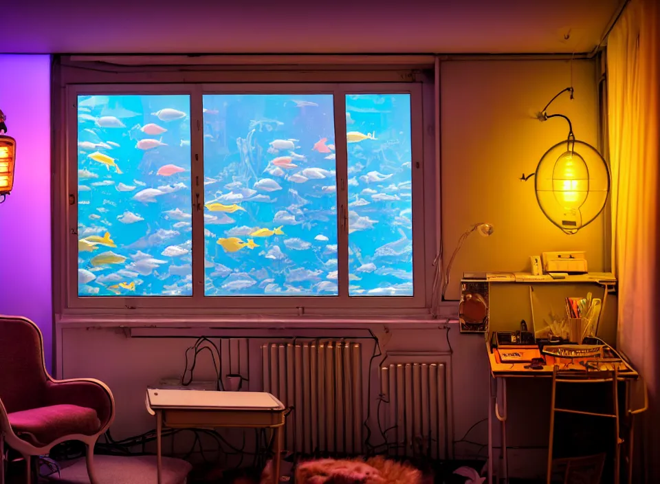 Prompt: telephoto 7 0 mm f / 2. 8 iso 2 0 0 photograph depicting the feeling of chrysalism in a cosy cluttered french sci - fi ( art nouveau ) cyberpunk apartment in a pastel dreamstate art cinema style. ( aquarium, computer screens, window ( city ), leds, lamp, desk ( ( ( armchair ) ) ) ), ambient light.